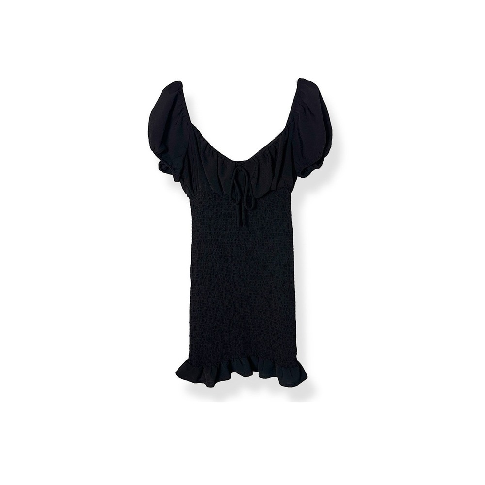 3/$20💥 Love Stitch Black Dress Smocked Puff Sleeve Babydoll Mini Dress Ruffle